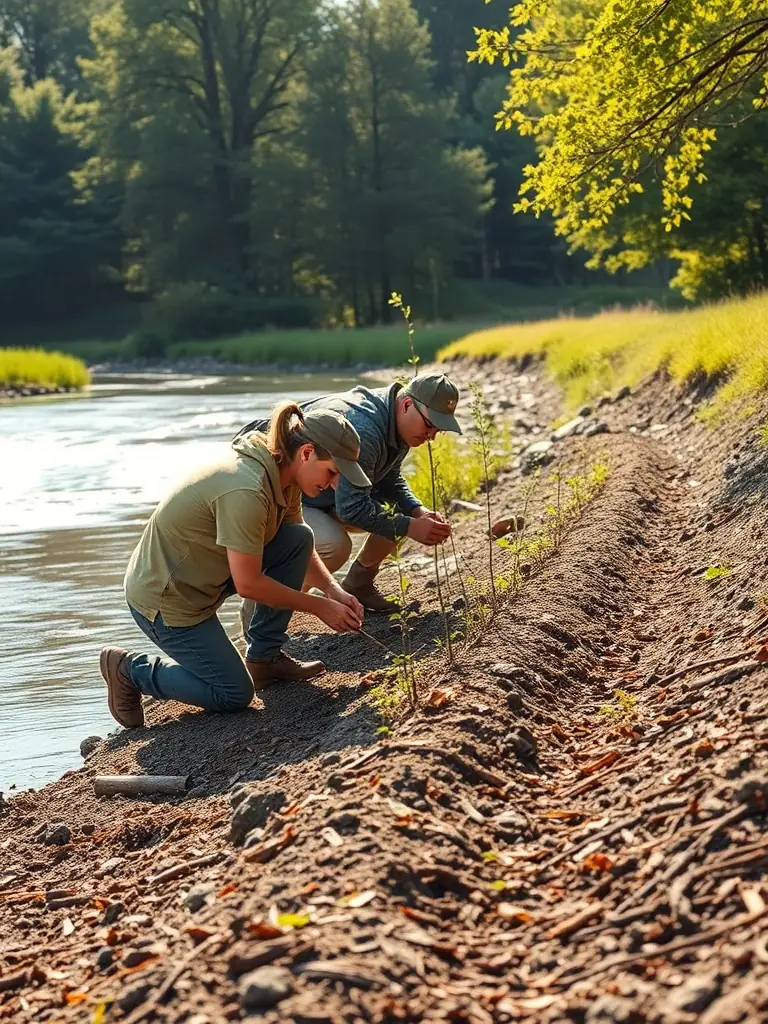 A team of volunteers planting native aquatic plants along a riverbank to restore habitat.