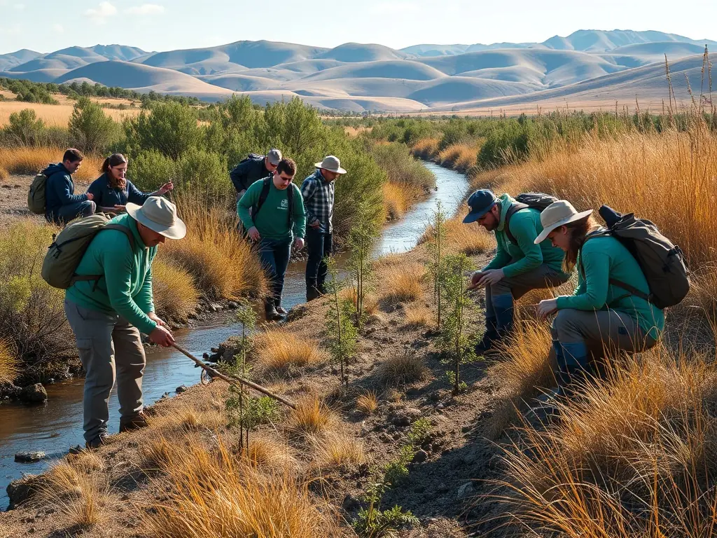A team of volunteers planting native aquatic plants along a riverbank to restore habitat.