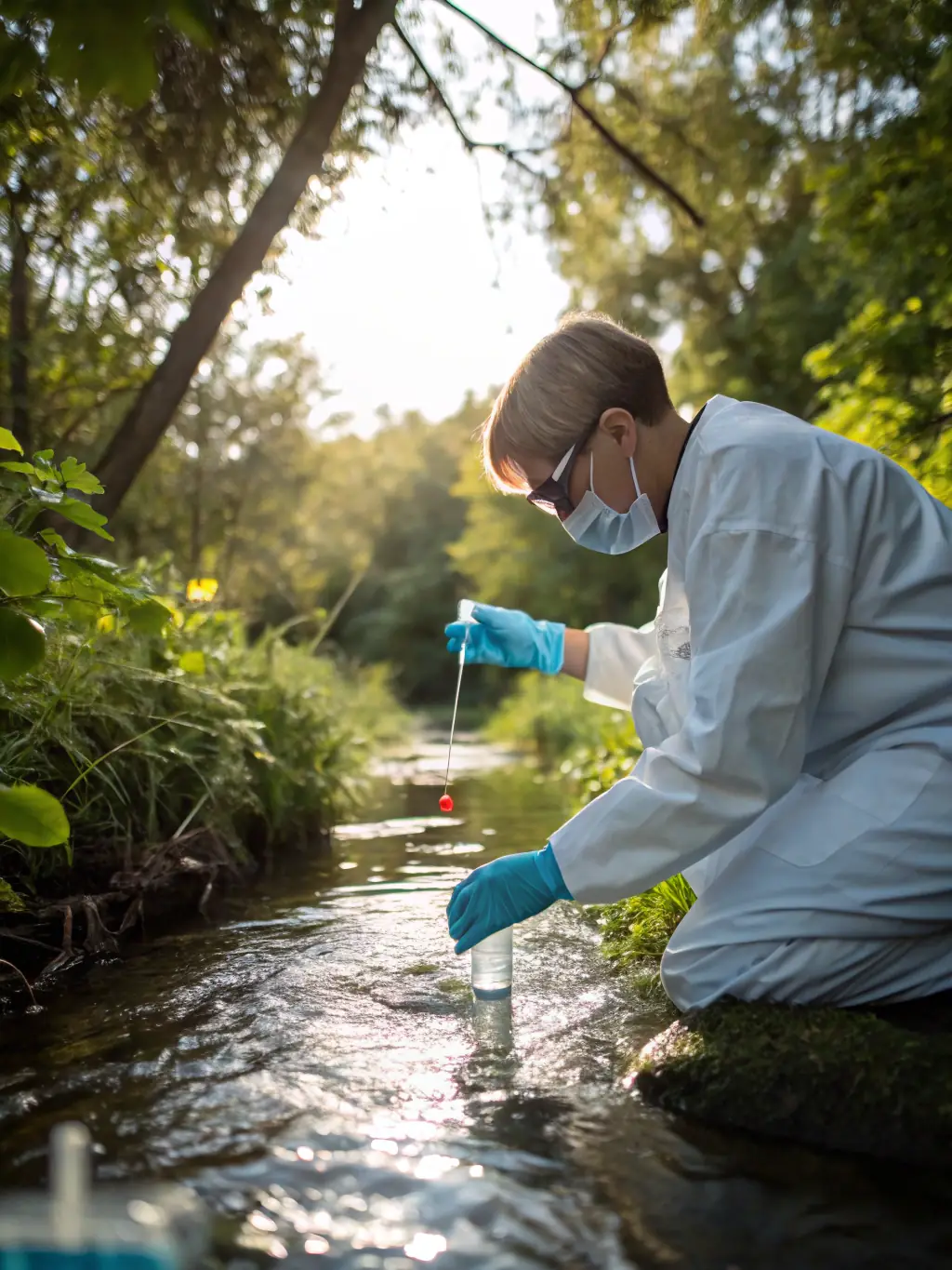 A close-up shot of a researcher monitoring water quality in a stream, with scientific equipment visible.