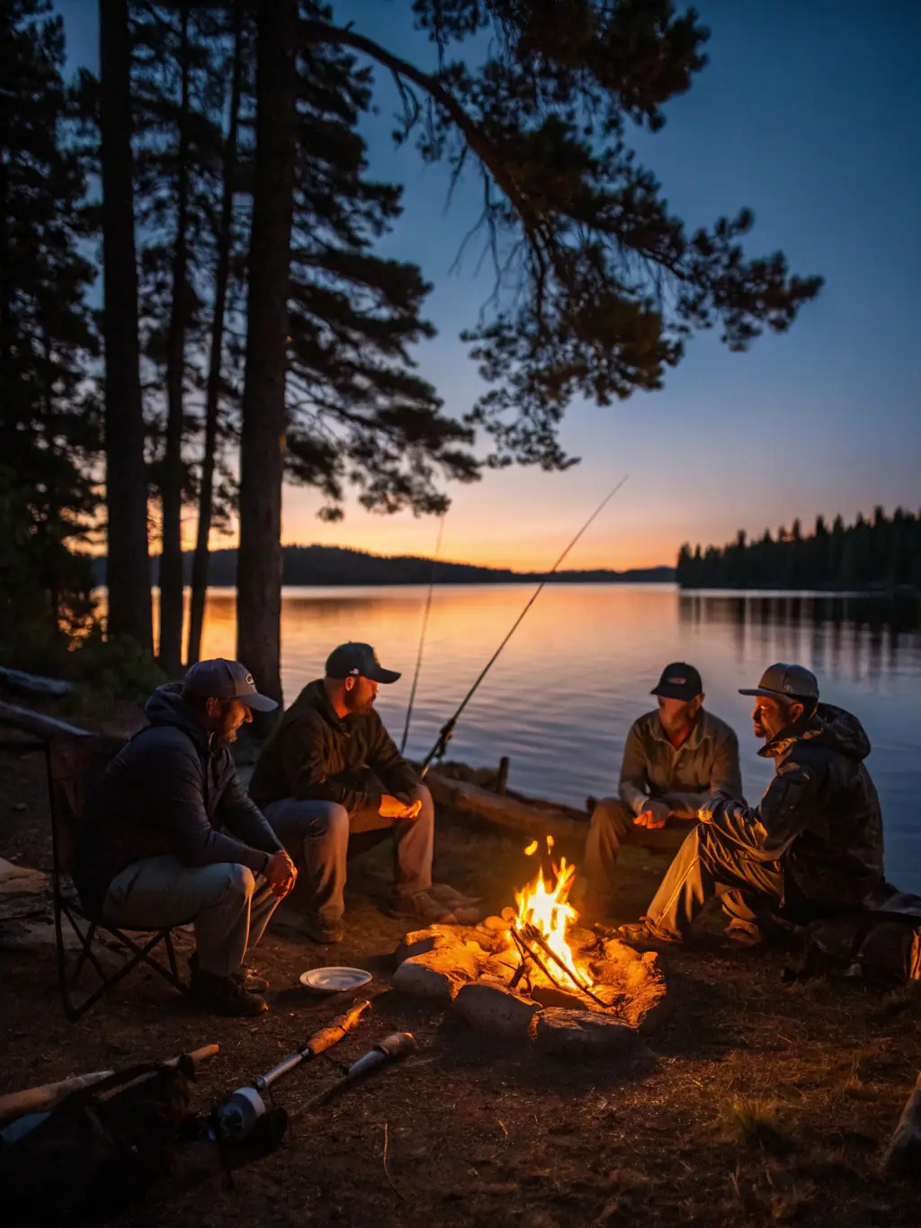 A group of anglers practicing responsible fishing near a pristine river, with clear water and lush surroundings.