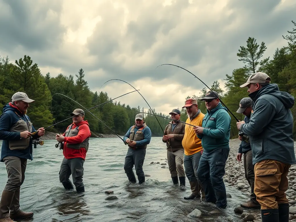 A group of anglers practicing responsible fishing near a pristine river, with clear water and lush surroundings.